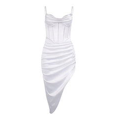 Zoctuo Rhinestone Satin Dresses Boned Low Cut Silky Spaghetti Strap Side Split 2 Deck Ruched Pads Backless Midi Summer Vestidos