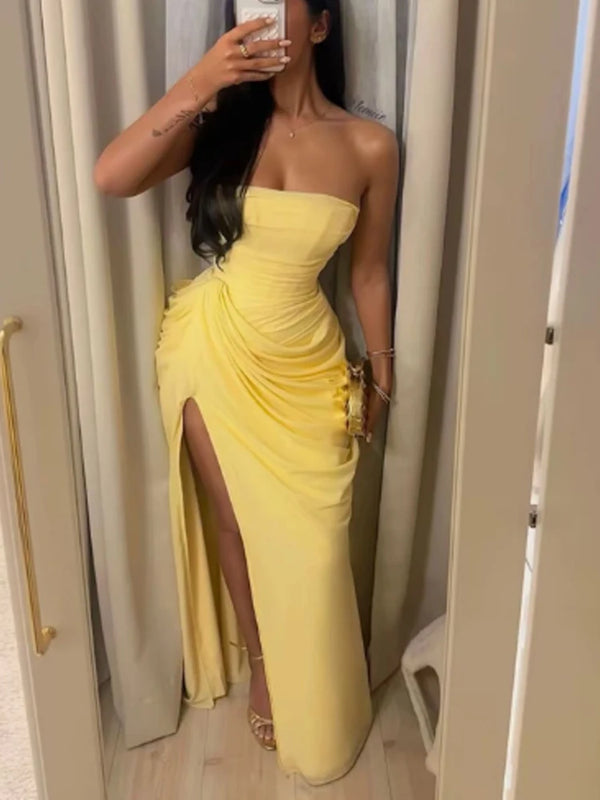 Elise Strapless Pleated Slit Maxi Dress