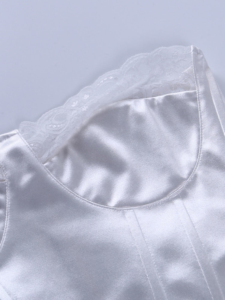 Viifaa Lace Trim White Satin Strapless Sexy Corset Crop Top Women Zipper Back Tight Bustier Clubwear Party Female Slim Tops