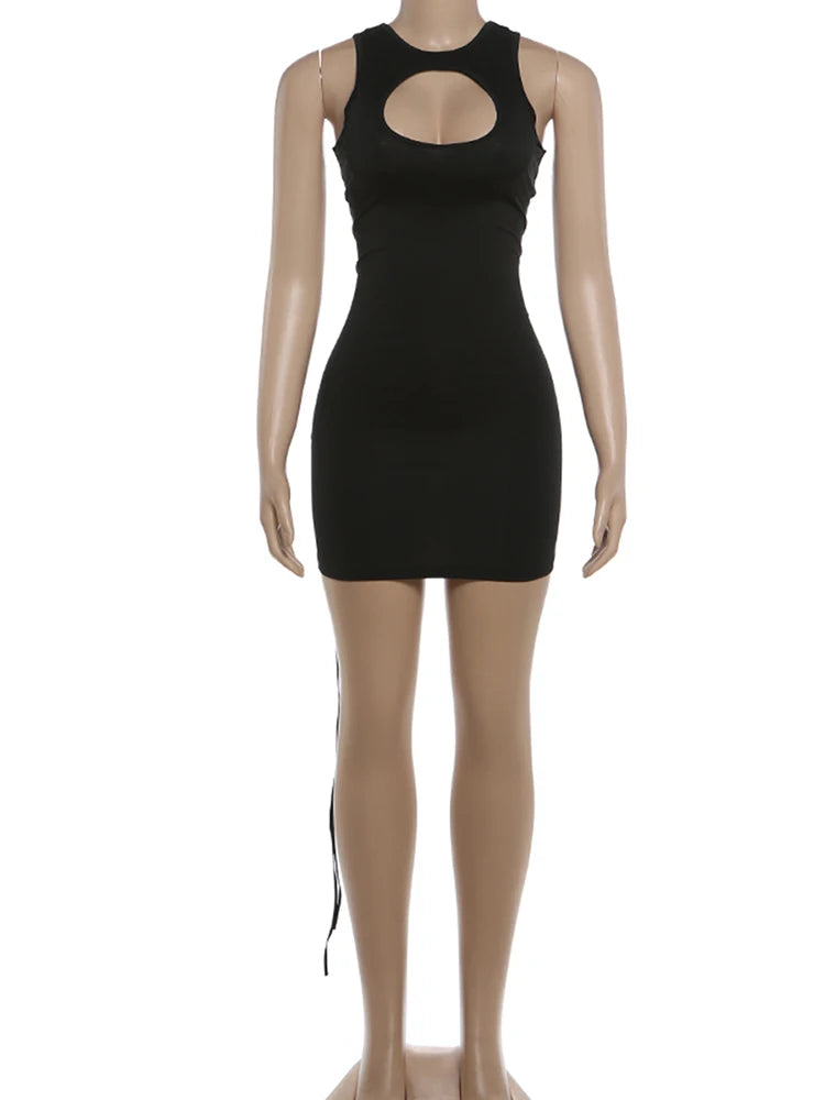 Kliou Sexy Hollow Mini Dress Woman o-Neck Sleeveless Metal Rings Cross Bandage Decoration Midnight Club Party Fashion Bodycon