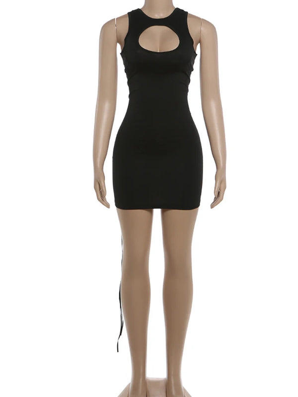 Kliou Sexy Hollow Mini Dress Woman o-Neck Sleeveless Metal Rings Cross Bandage Decoration Midnight Club Party Fashion Bodycon
