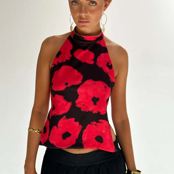 Mara Floral Print Halter Backless Boho Cami Top