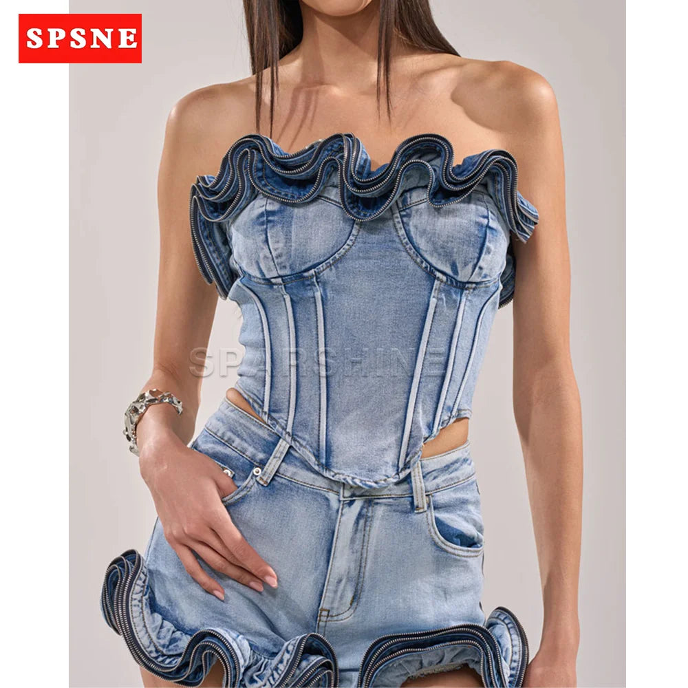 Adara Denim Corset Top & Shorts Collection Main image