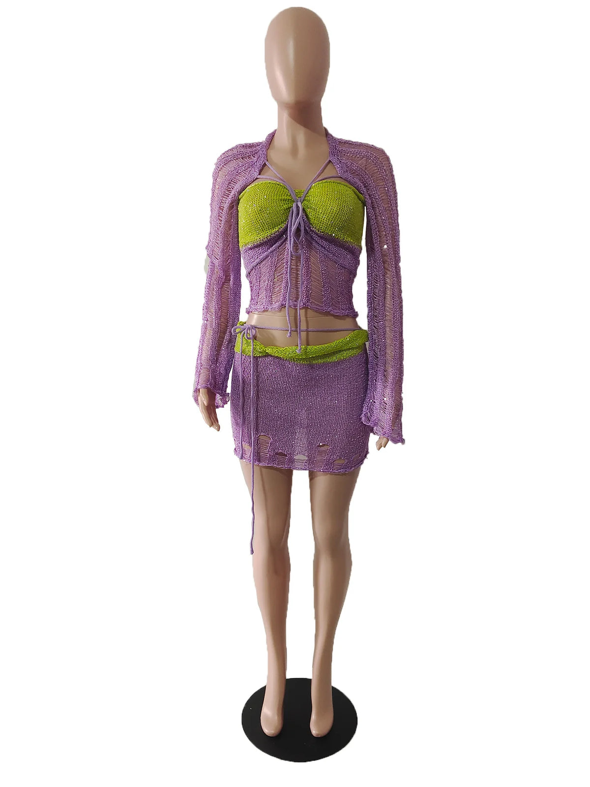 Marisela Sequin Crochet Knit Tie-Front Crop Top & Mini Skirt Two-piece