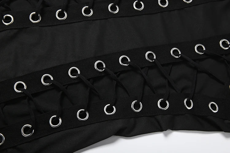 Kliou Sexy Hollow Mini Dress Woman o-Neck Sleeveless Metal Rings Cross Bandage Decoration Midnight Club Party Fashion Bodycon