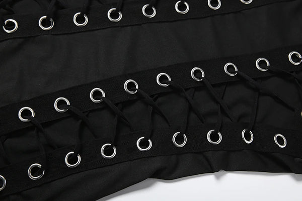 Kliou Sexy Hollow Mini Dress Woman o-Neck Sleeveless Metal Rings Cross Bandage Decoration Midnight Club Party Fashion Bodycon