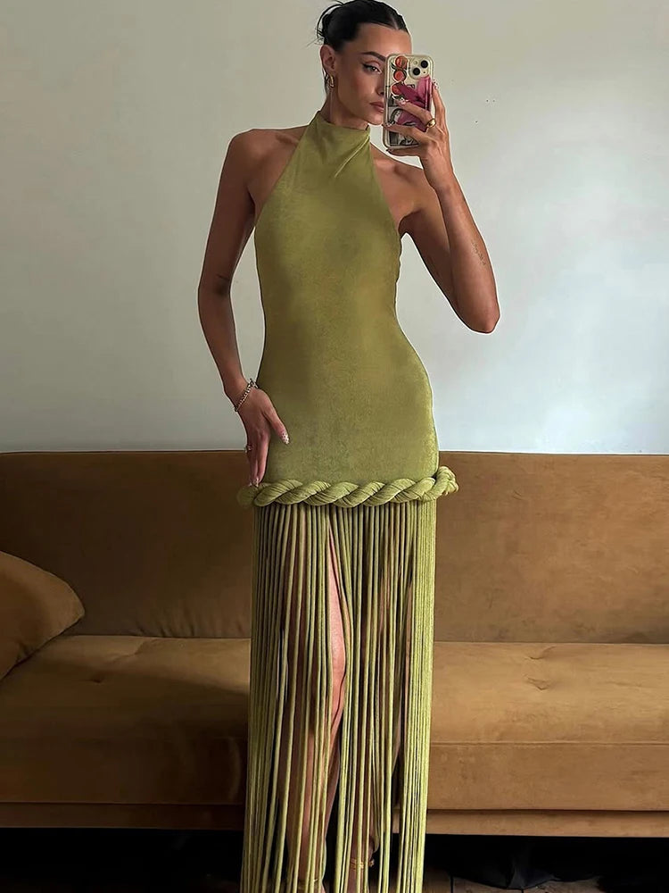 Renata Tassel Halter Backless Maxi Dress