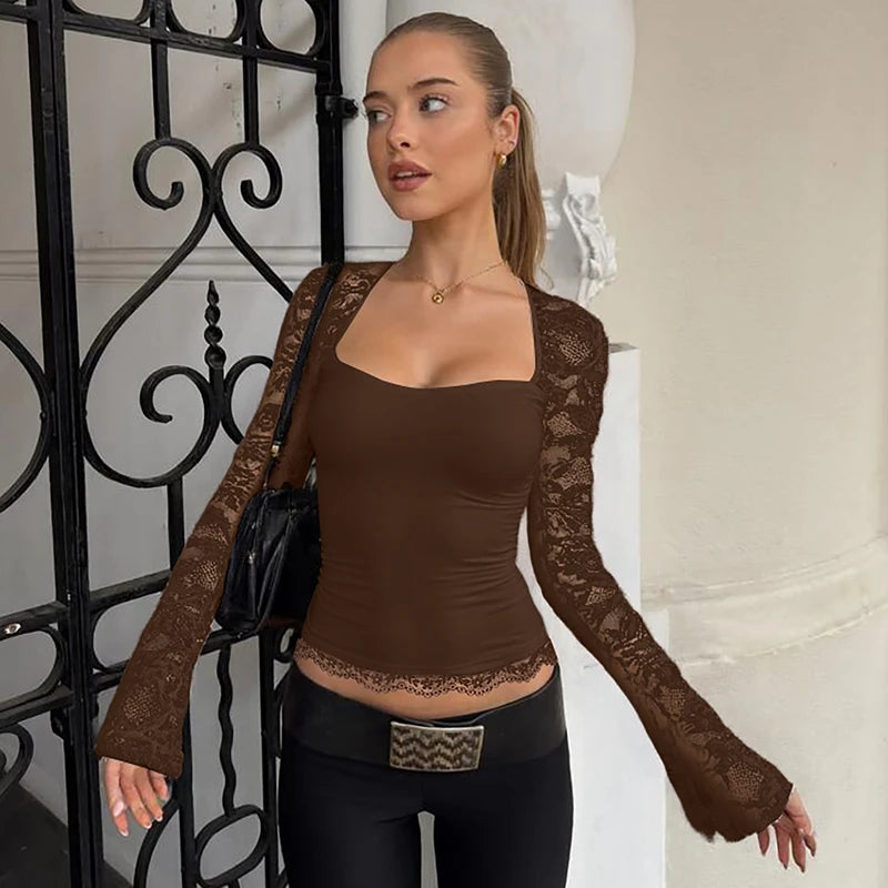 Isabella Midnight Lace Long Sleeve Square Neck Top
