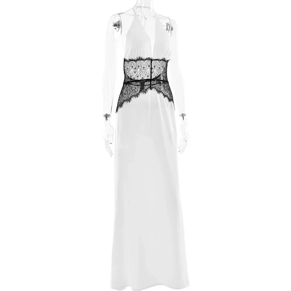 Pervinca Lace-Panel Satin Plunge Halter Backless Maxi Dress