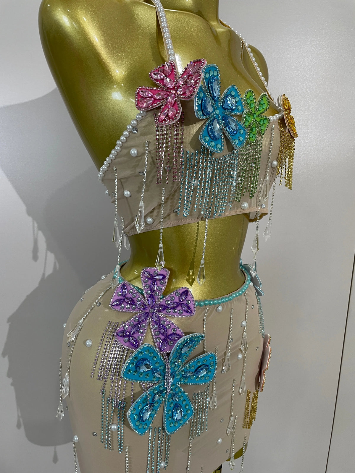 Esmeralda Crystal Fringe Flower Bra Top & Mini Skirt Two-piece