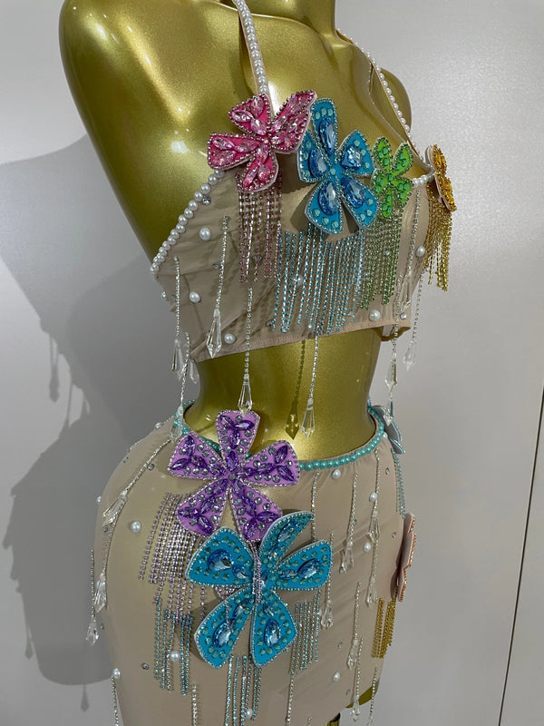 Esmeralda Crystal Fringe Flower Bra Top & Mini Skirt Two-piece