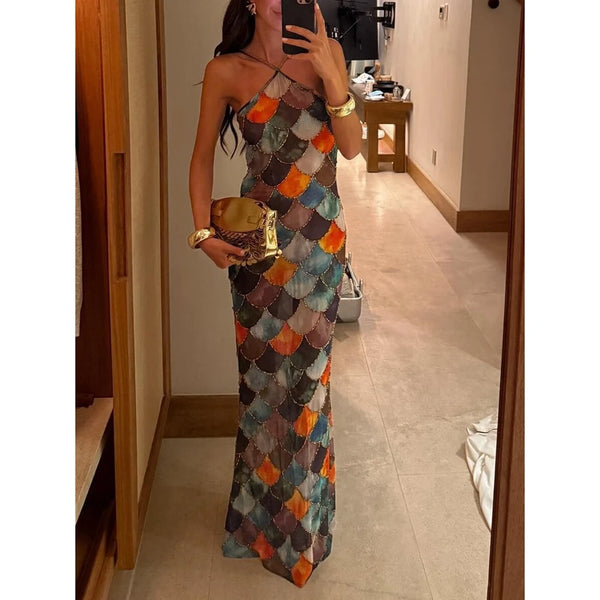 Gwenllian Harlequin Print Halter Slip Maxi Dress
