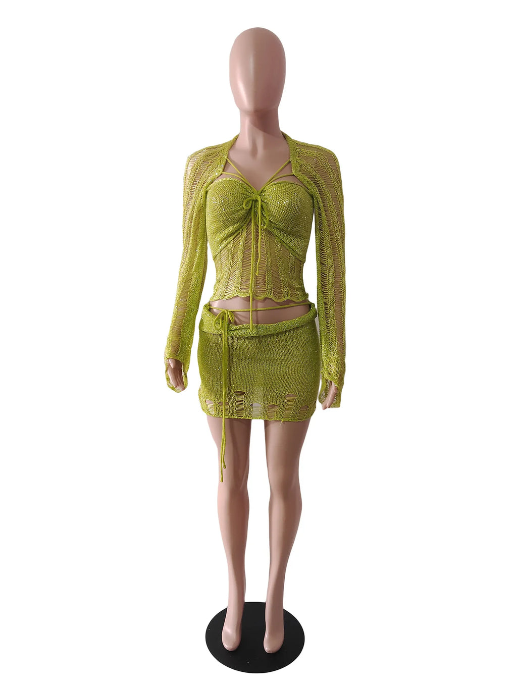 Marisela Sequin Crochet Knit Tie-Front Crop Top & Mini Skirt Two-piece