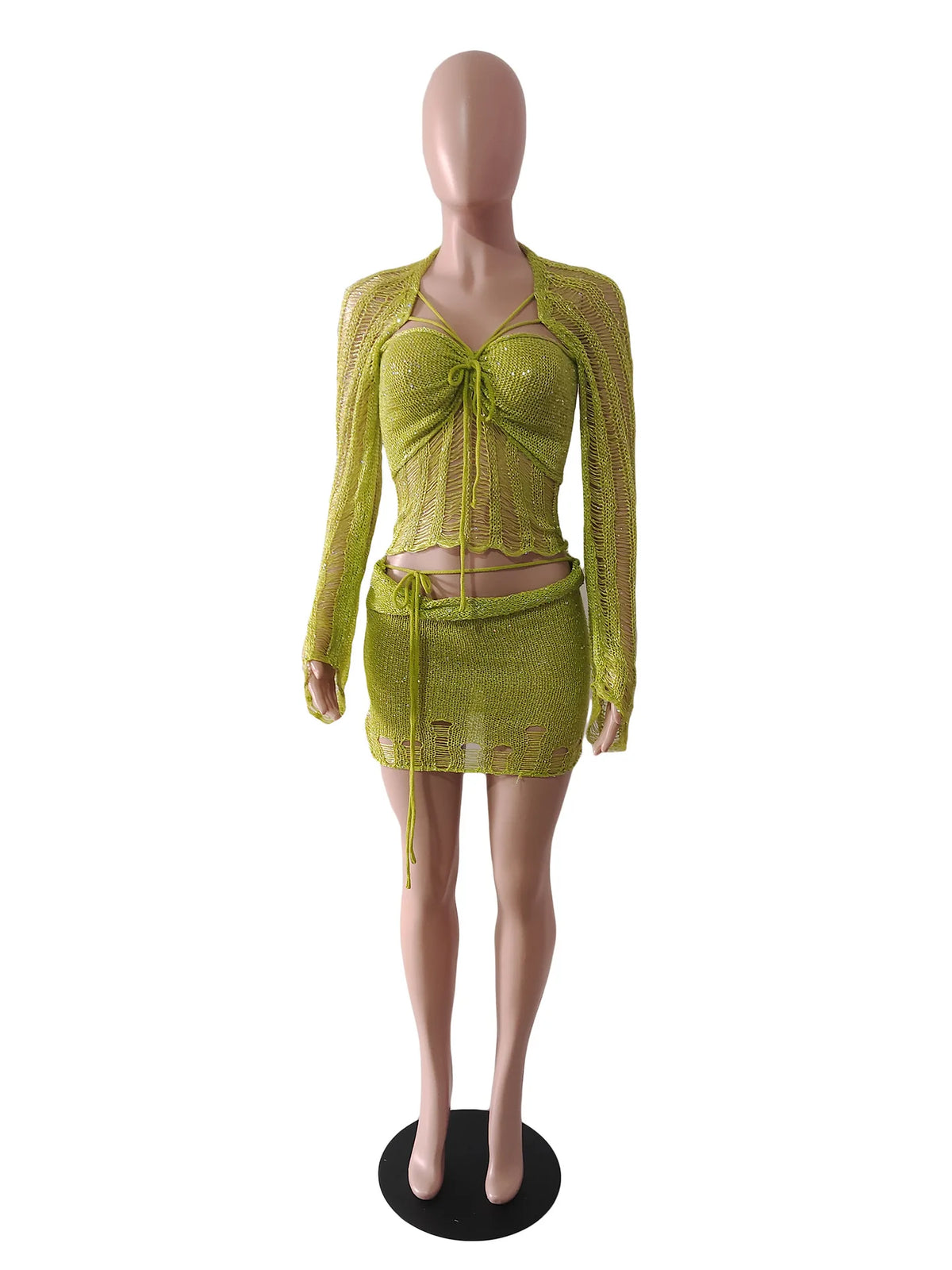 Marisela Sequin Crochet Knit Tie-Front Crop Top & Mini Skirt Two-piece