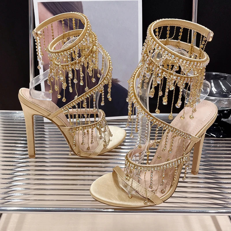 Eilyken Golden Crystal Rhinestone Women's Sandals Fashion String Bead Nightclub Stiletto Heel Wrap Strap Peep Toe Summer Shoes Main image