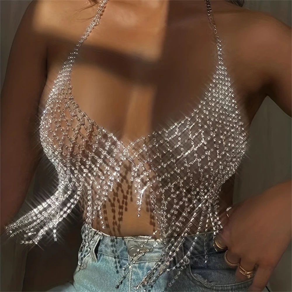 Sexy Shiny Mesh Crystal Bra Chain Jewelry Women's Luxury Shiny Nightclub Party Rhinestone Bra Chain Jewelry Accessories