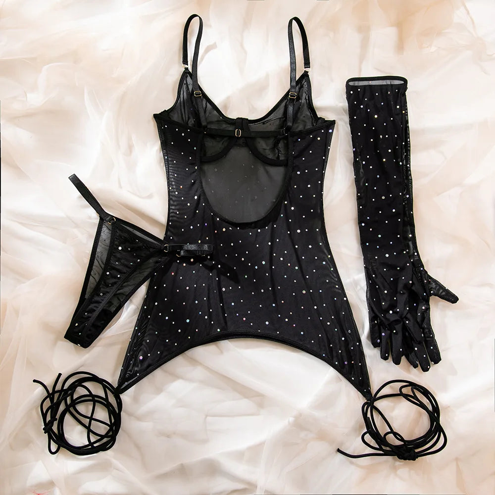 Honorine Shimmer Dot Sheer Mesh Garter Slip, Thong & Gloves Lingerie Three-piece