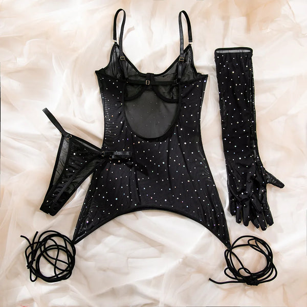 Honorine Shimmer Dot Sheer Mesh Garter Slip, Thong & Gloves Lingerie Three-piece