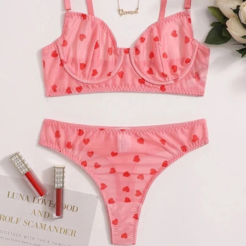Ingeborg Heart Print Sheer Mesh Underwire Bra & Brief Lingerie Two-piece