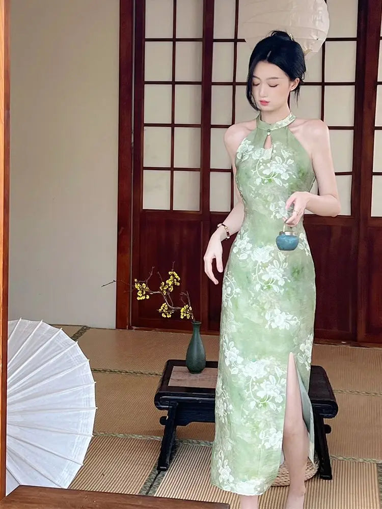 Qing Green Halter Modern Qipao Maxi Dress