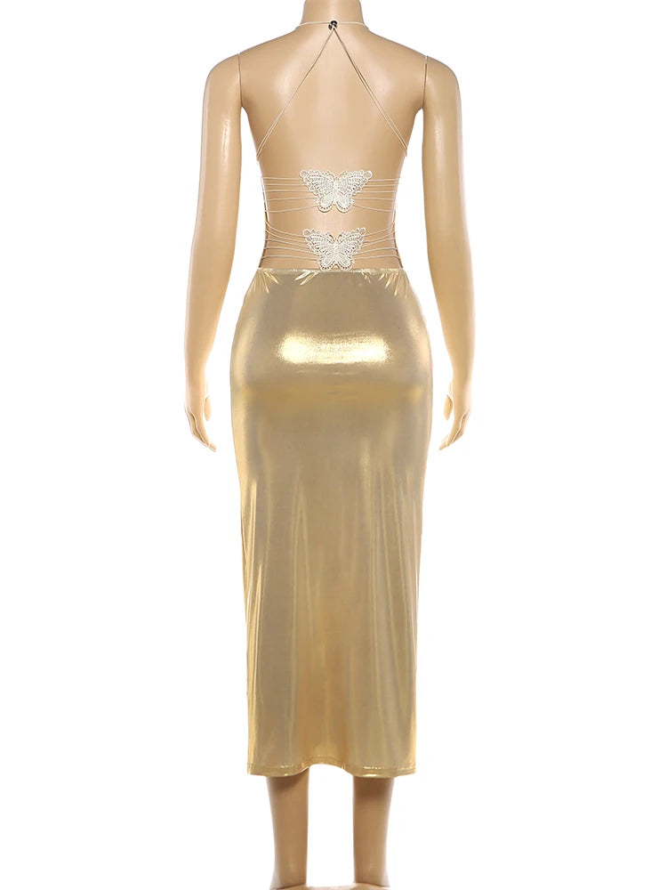 Kliou Sexy Gold Long Dress Woman 2026 Spring New Style Low-Neck Cross Butterfly Bandage Backless Vacation Beach Style Vestidos