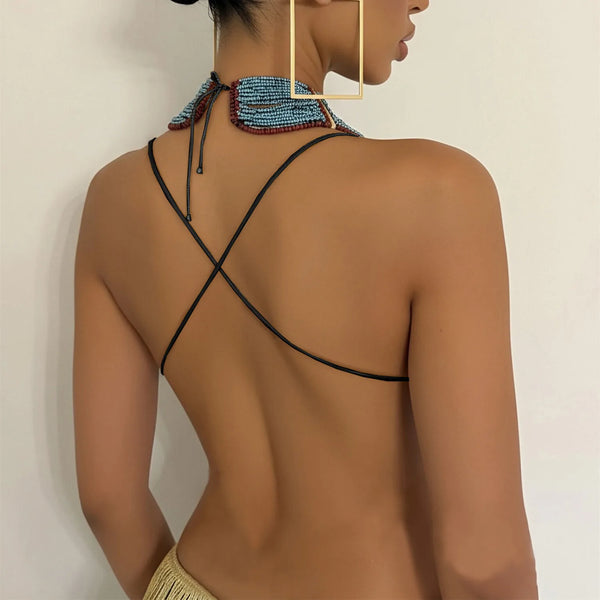 Nora Gold Metallic Halter Backless Crop Top