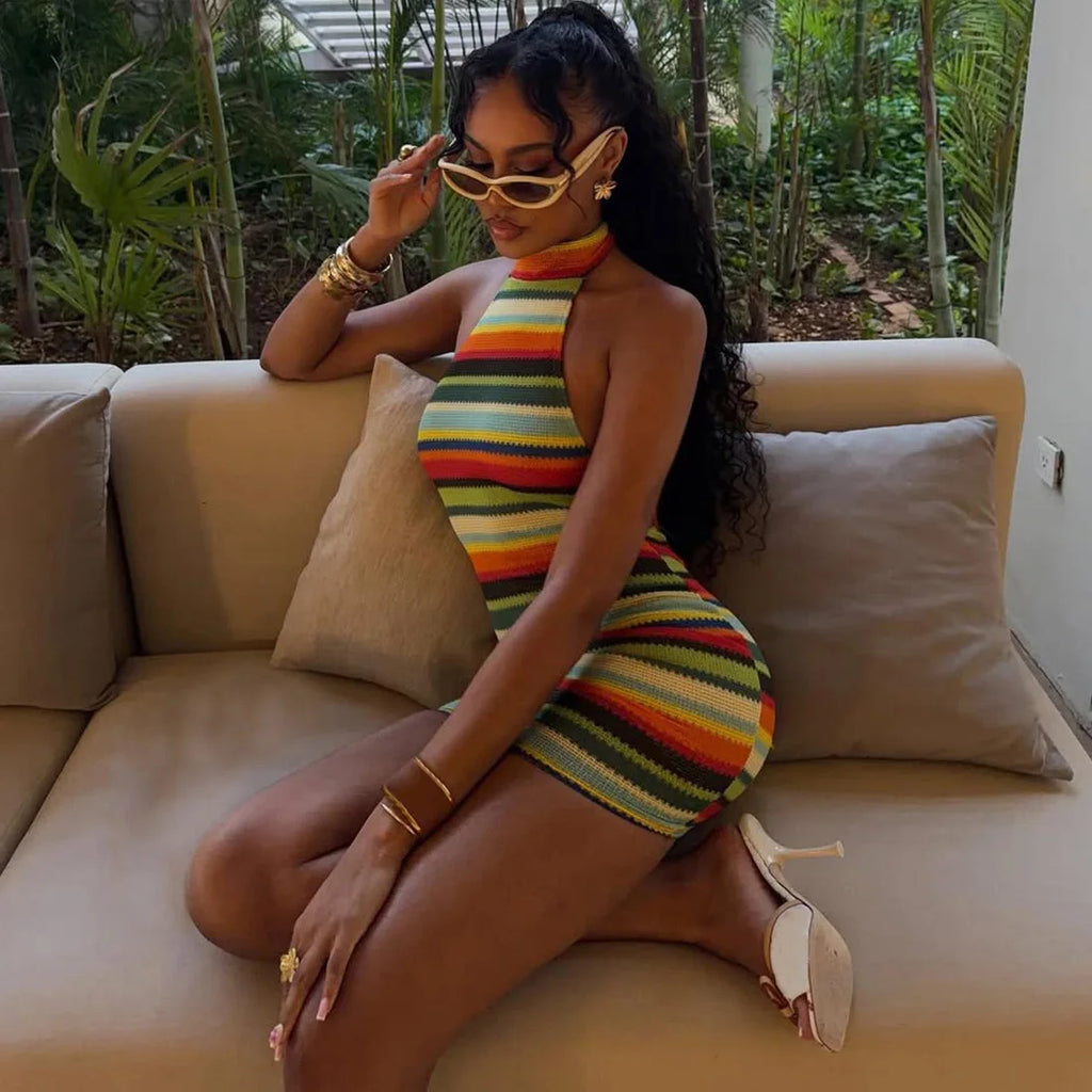 Solenne Striped Knit Halter Bodycon Mini Dress