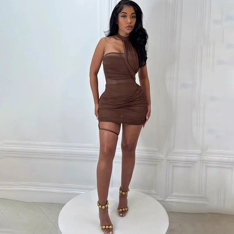 Blair Ruched Mesh Halter Bodycon Mini Dress