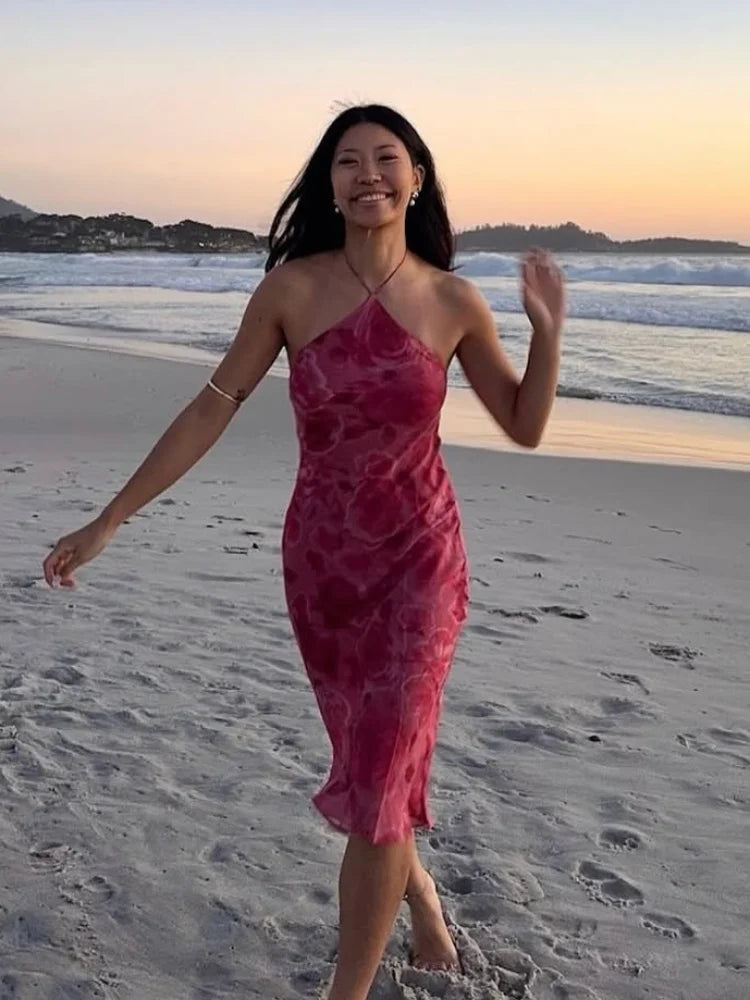 Ninon Rose Print Halter Backless Ruffle-Hem Midi Dress One-piece