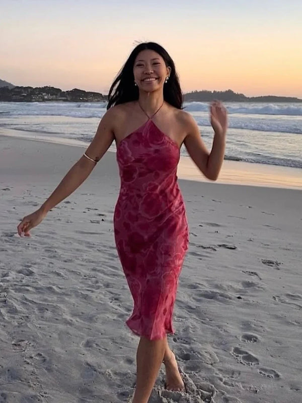 Ninon Rose Print Halter Backless Ruffle-Hem Midi Dress One-piece
