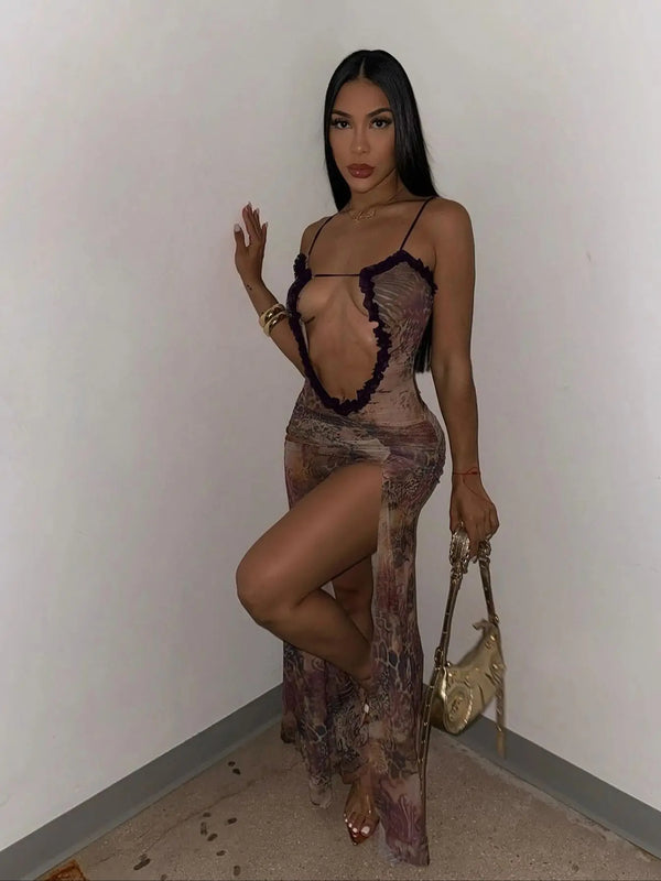 Alina Sheer Lace-Up Beach Maxi Dress