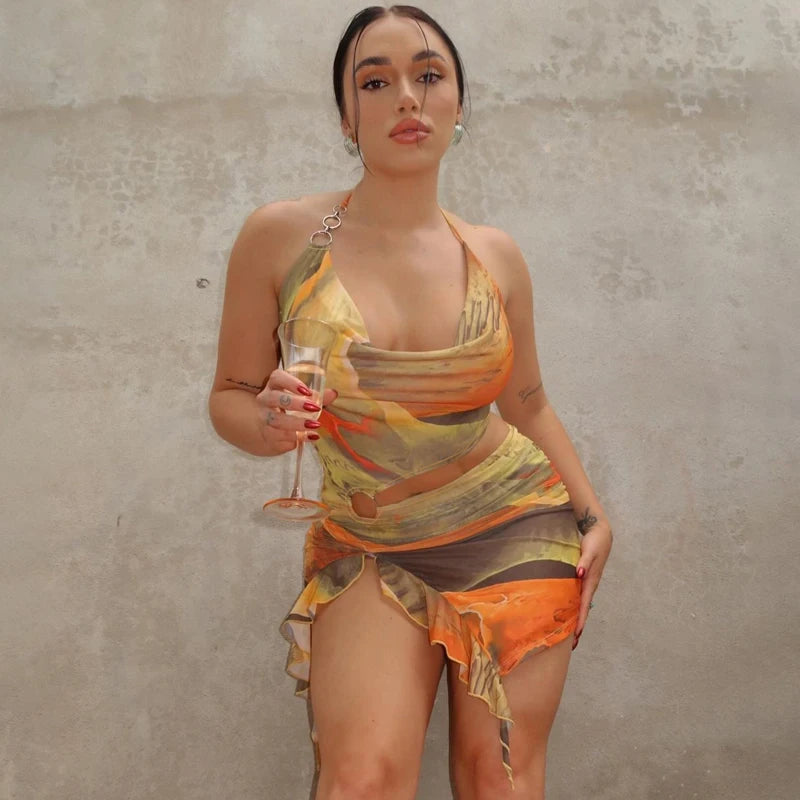 Eliana Scenery-Print Halter Ruffle Mini Dress
