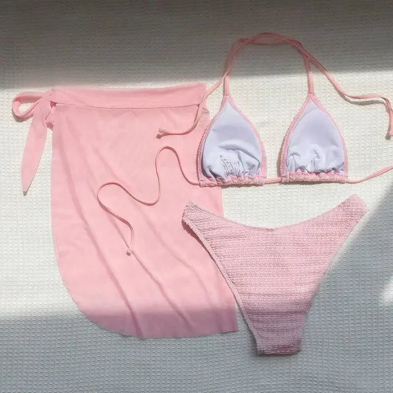 Pink Solid Color 3-piece Swimsuit Women 2026 Summer Beach Skirt Bikini V-neck Halter Backless Bathing Suit Summer Beach Swimwear Secondary image