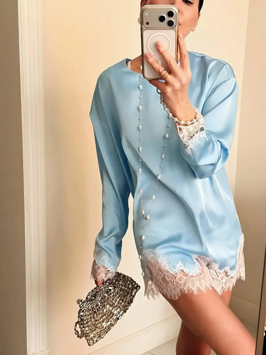 Amara Satin Lace Long-Sleeve Mini Dress