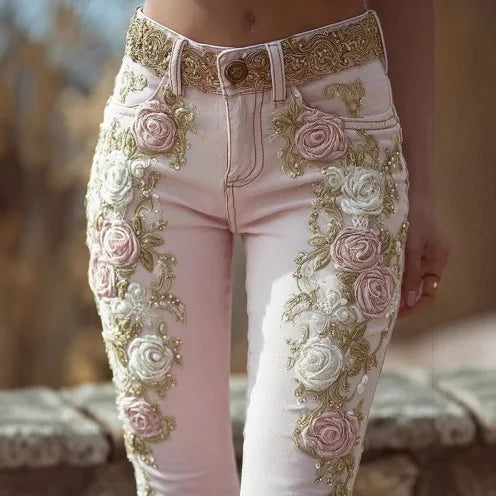 Florence Rose-Embroidered Beaded Denim Pants Main image