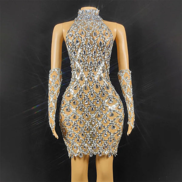 Selena Crystal Sheer Bodycon Halter Mini Dress