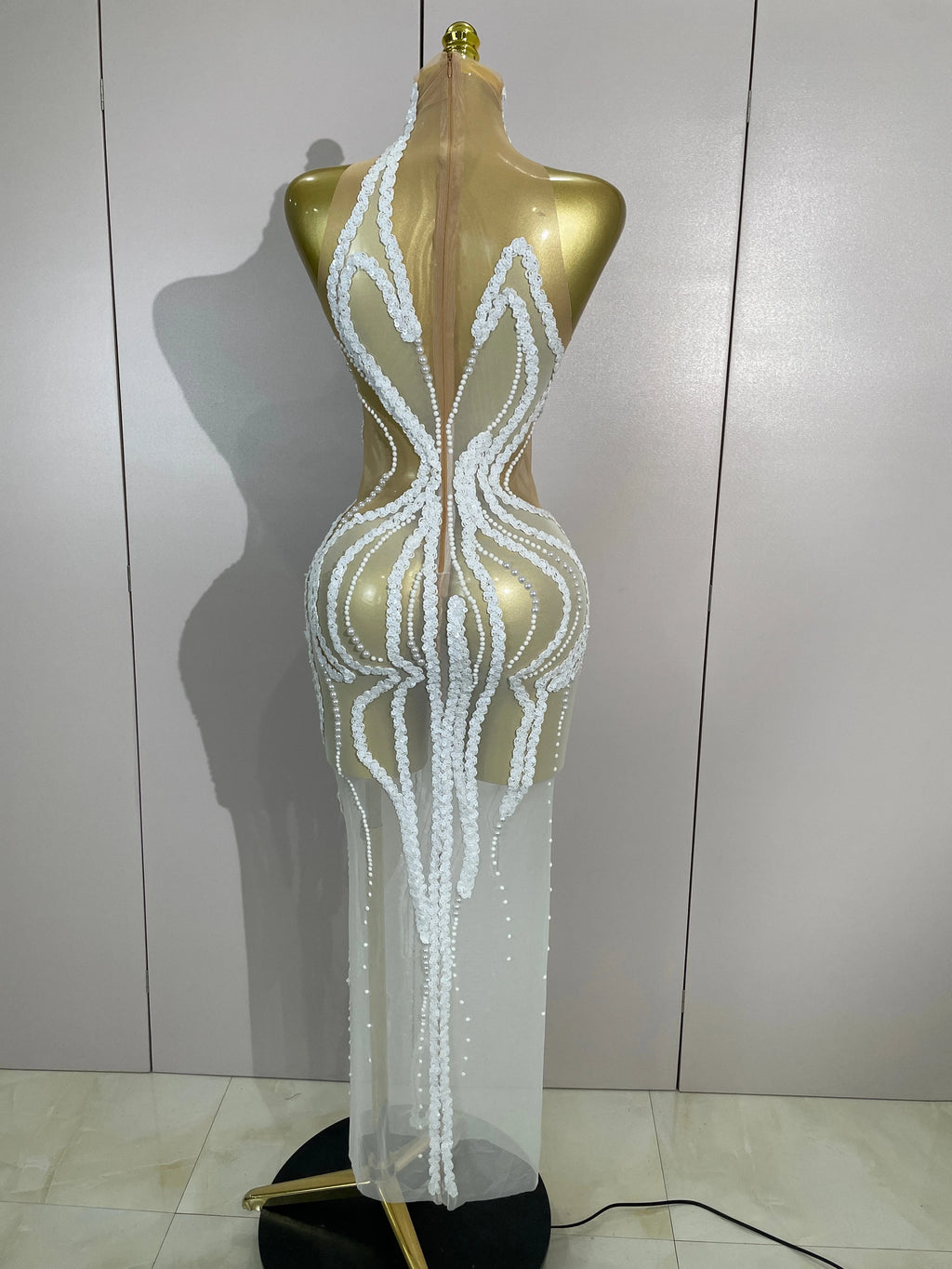 Opaline Pearl-Sequin Sheer Mesh Maxi Dress