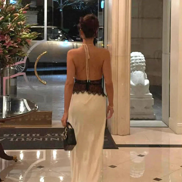Pervinca Lace-Panel Satin Plunge Halter Backless Maxi Dress