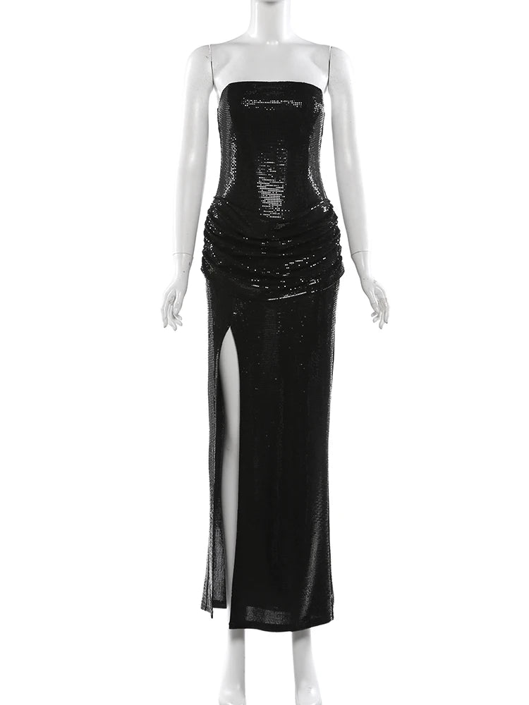 Theodosia Strapless Sequin Ruched Slit Maxi Gown