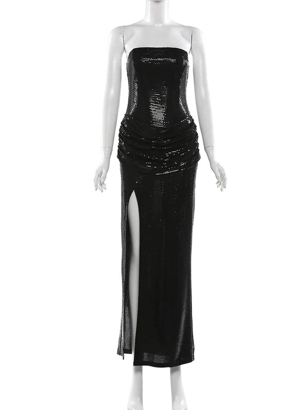 Theodosia Strapless Sequin Ruched Slit Maxi Gown