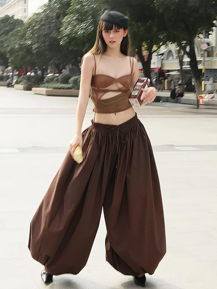 Camila Mocha Lace Spaghetti Strap Sheer Wrap Crop Top