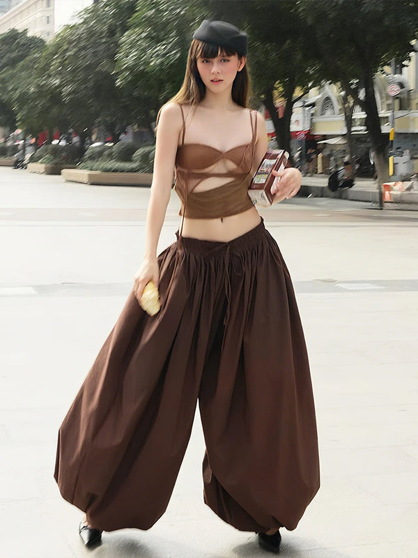 Camila Mocha Lace Spaghetti Strap Sheer Wrap Crop Top