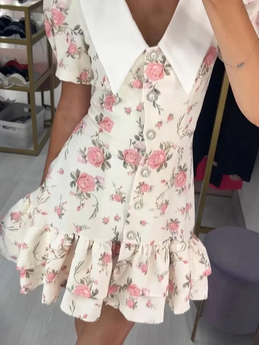 Gisella Floral Collared Puff-Sleeve Pearl-Button Ruffle Mini Dress