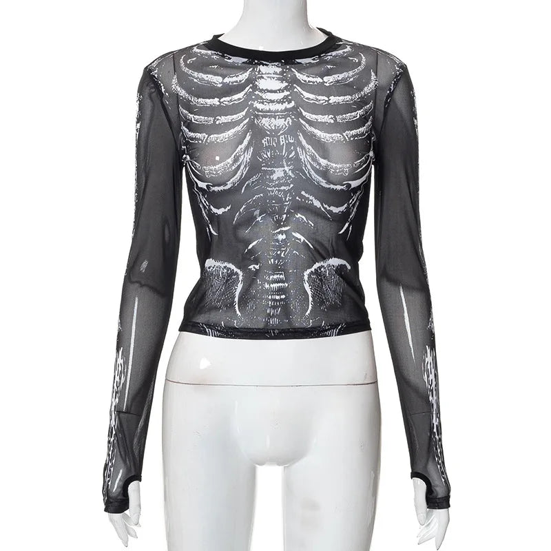 Morticia Skeleton Print Sheer Mesh Long-Sleeve Top One-piece