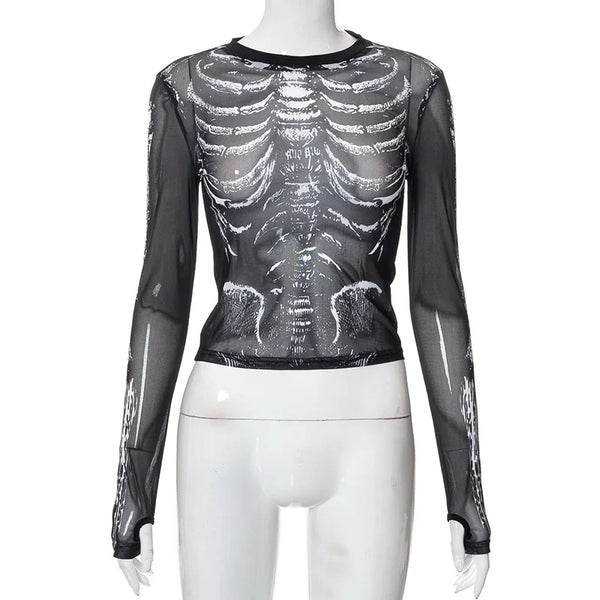 Morticia Skeleton Print Sheer Mesh Long-Sleeve Top One-piece