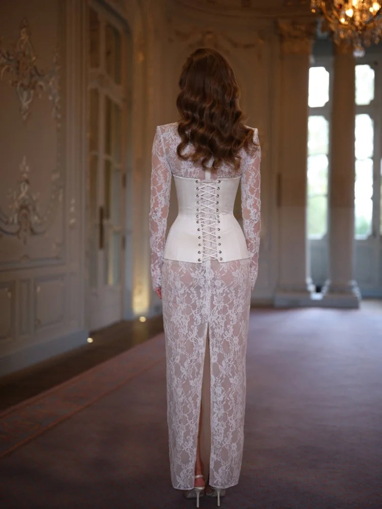 Whitney Lace Mesh Long-Sleeve Maxi Dress