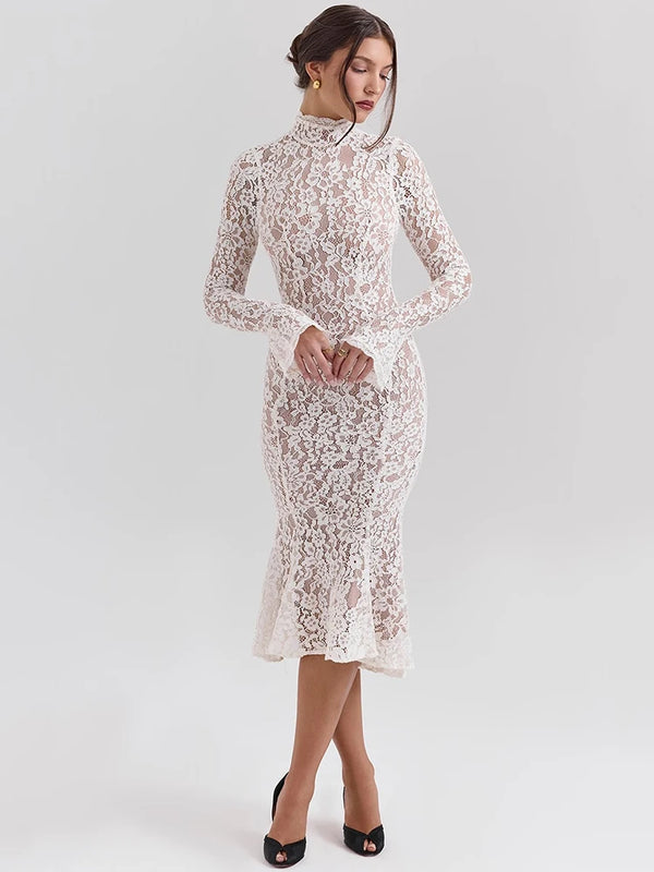 Bianca Lace High-Neck Long-Sleeve Midi Dress