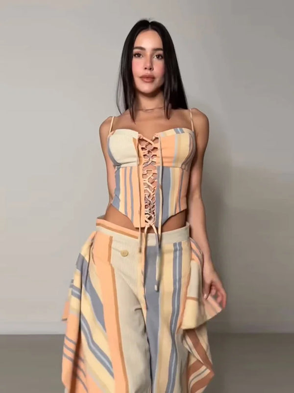 Valentina Striped Lace-Up Tube Top & Wrap Wide-Leg Pants Two-piece