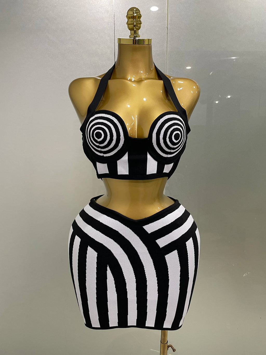 Dagmar Striped Jacquard Bandage Halter Crop Top & Bodycon Mini Skirt Two-piece