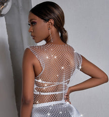 Leqoel Sexy Mesh Crop Tops for Women 2022 Summer Rhinestones Fashion Party See Through Fishnet Tank Hollow Out Backless Top New